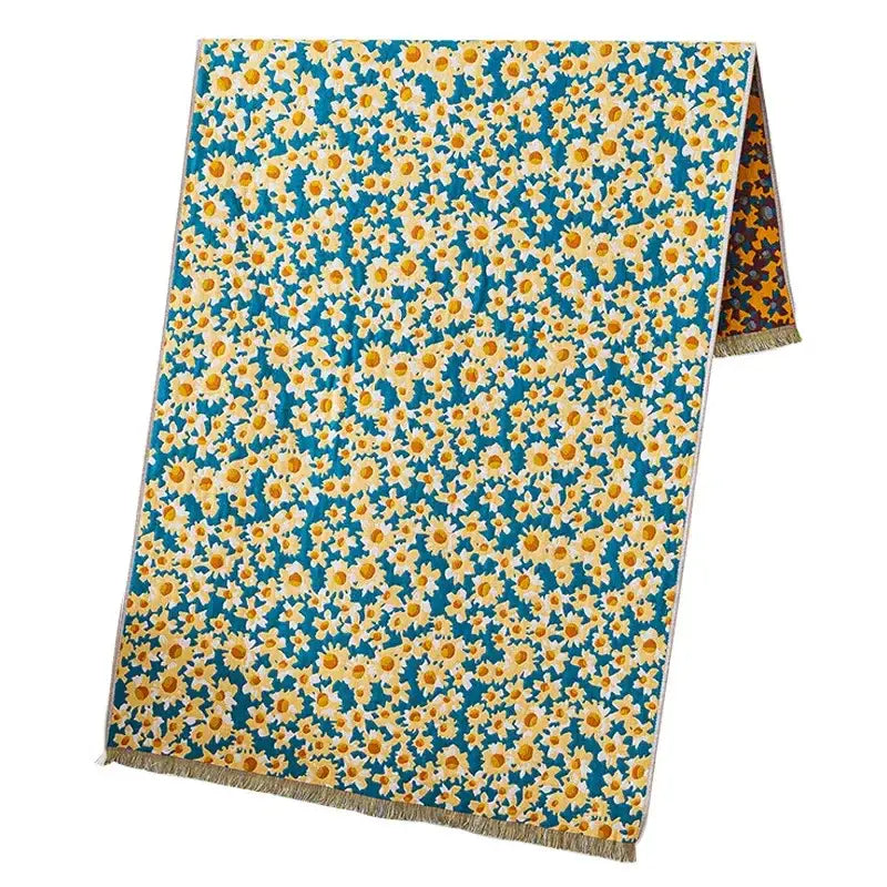Country flowers cotton teal throw blanket with yellow daisies and fringed edges for bedroom decor by decorbites country flowers