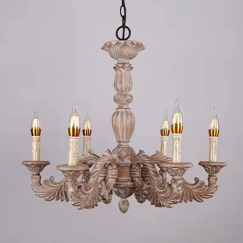 Country french solid wood chandelier with carved wooden arms and distressed white finish for dining room decorbites country french