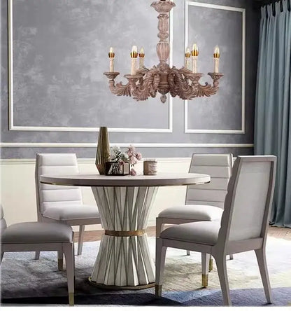 A decorbites country french solid wood chandelier in rose gold with ornate arms and candle bulbs for dining room decor