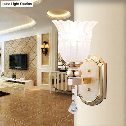 Elegant country gold frosted glass floral wall sconce lamp with gold finish and crystal droplet for bedroom lighting