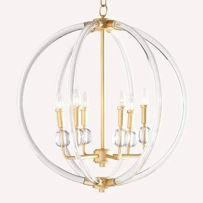 Gold-finished country industrial ball chandelier with clear acrylic rings and crystal accents for living room decorbites decor