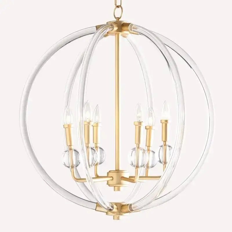 Gold-finished country industrial ball chandelier with clear acrylic rings and crystal accents for living room decorbites decor