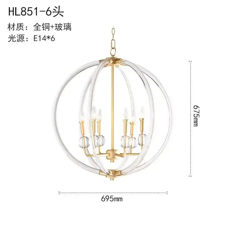 Gold-toned country industrial ball chandelier with clear glass rings and six e14 bulbs for living room decorbites decor