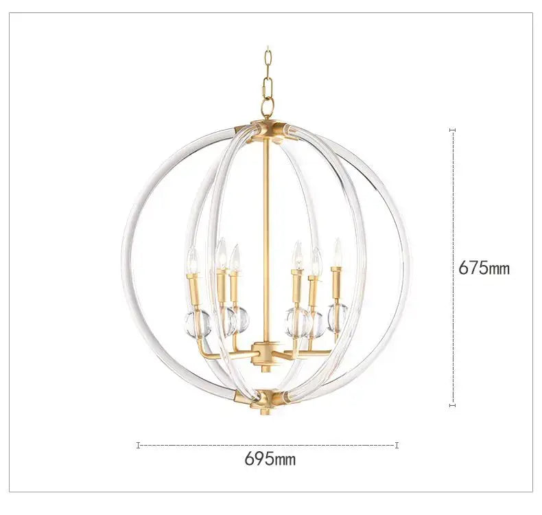 Gold-finished country industrial ball chandelier with clear acrylic rings and crystal accents for living room decorbites decor