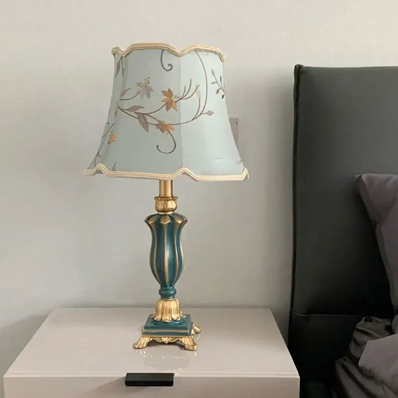 Decorbites country pastoral desk lamp with a light blue floral shade and ornate teal and gold base for bedroom decor