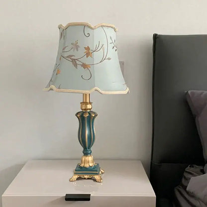 Decorbites country pastoral desk lamp with a light blue floral shade and ornate teal and gold base for bedroom decor