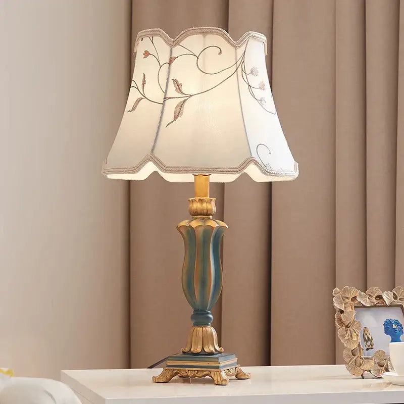 Elegant country pastoral desk lamp with cream embroidered floral shade and teal gold ornate base by decorbites