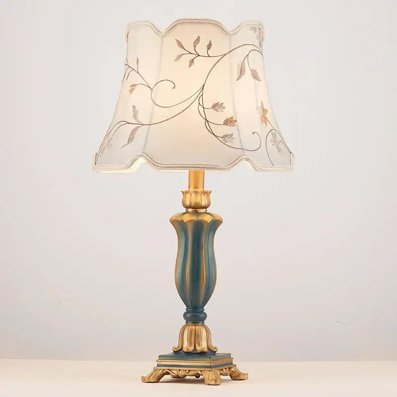Elegant teal and gold ornate desk lamp with scalloped embroidered floral shade for decorbites country pastoral desk use
