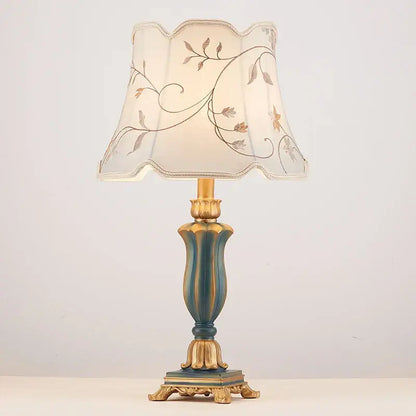 Elegant teal and gold ornate desk lamp with scalloped embroidered floral shade for decorbites country pastoral desk use