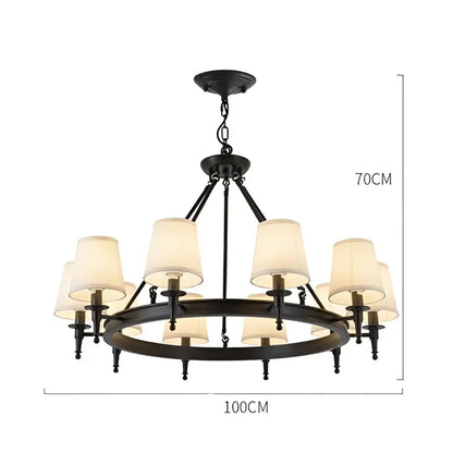 Black wrought iron country retro chandelier pendant light with cream fabric shades for dining room decorbites country retro