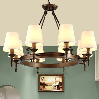 Antique bronze country retro chandelier pendant light with six cream fabric shades for dining room decorbites