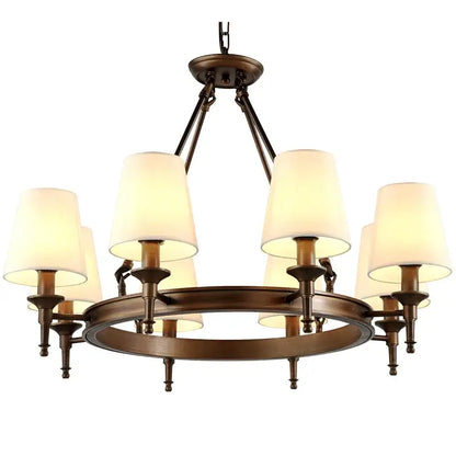 Bronze pendant light with six warm-toned cylindrical fabric shades country retro chandelier by decorbites