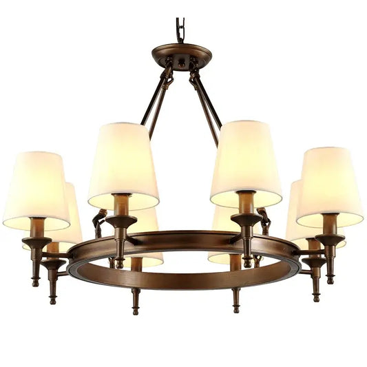 Bronze pendant light with six warm-toned cylindrical fabric shades country retro chandelier by decorbites