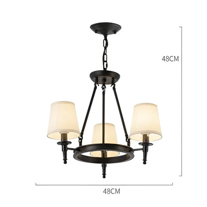 Black wrought iron country retro chandelier pendant light with three cream fabric shades for dining room decorbites