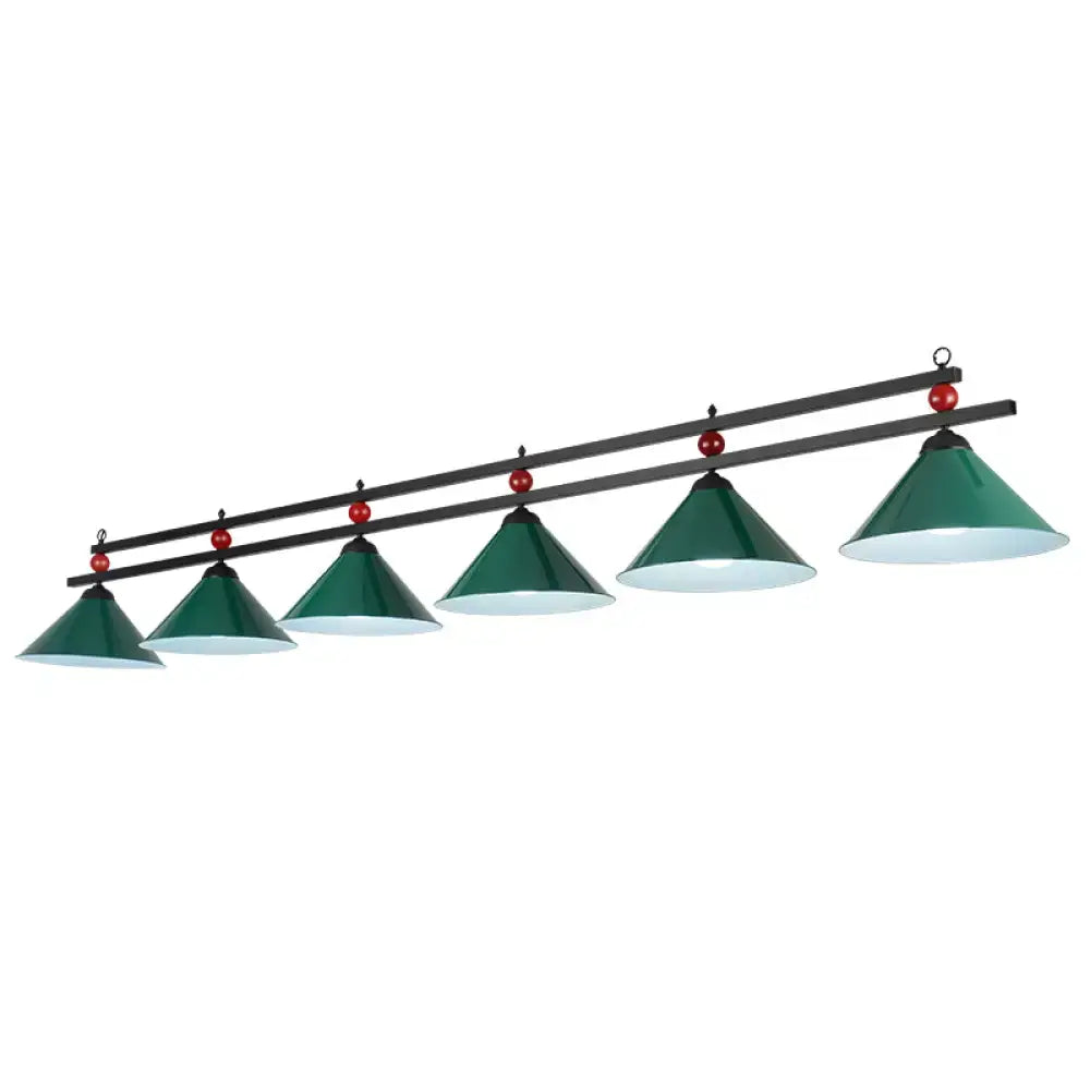 Country style dark green conical pool ball bar island lighting fixture with red accents and adjustable chain cord length
