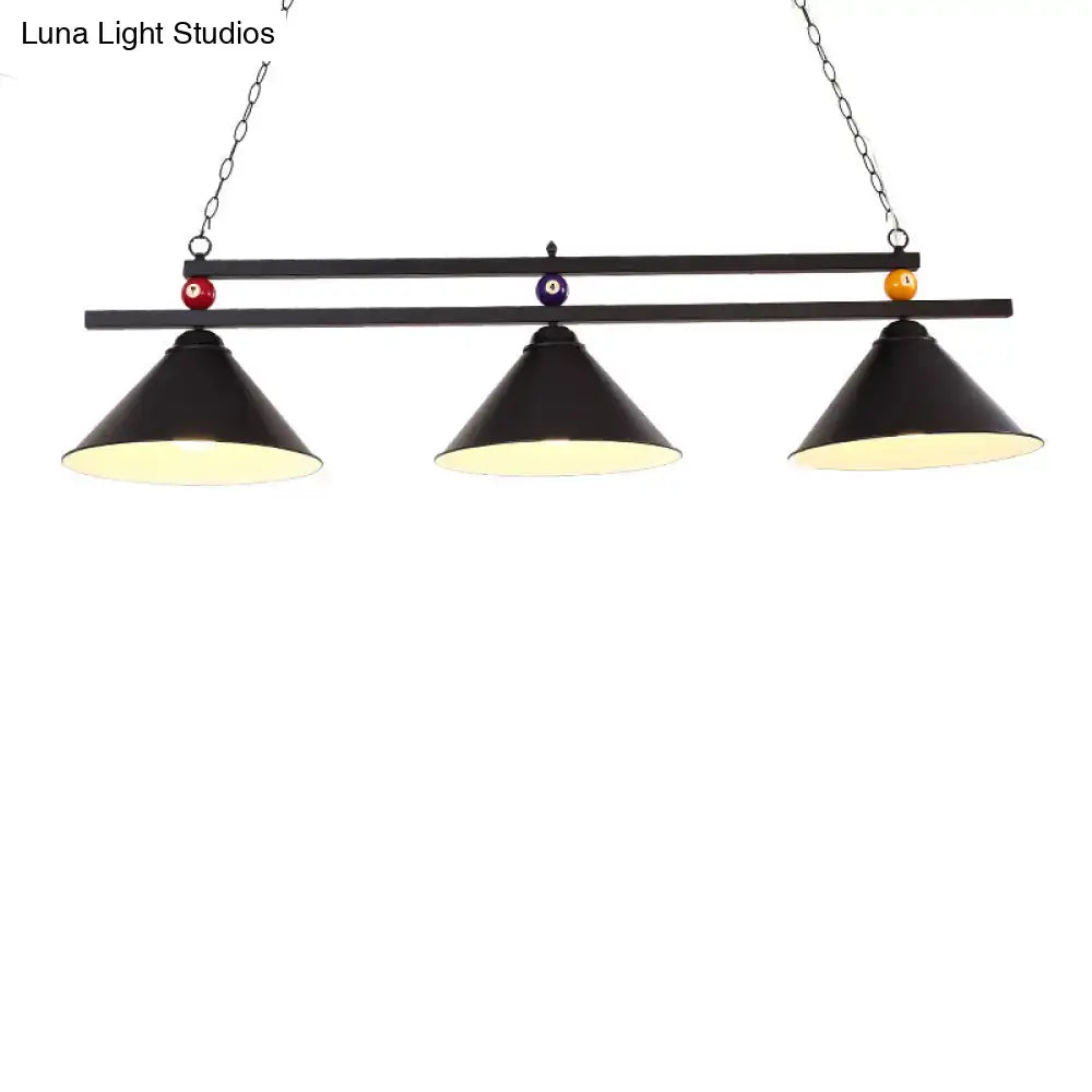 Country style dark green black metal pool ball bar island lighting fixture with three conical shades and chain cord length
