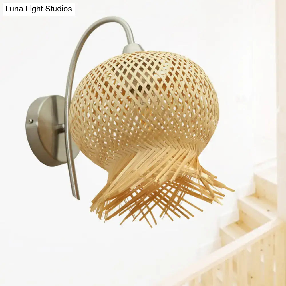 Natural woven beige bamboo wall light sconce with lattice design and dangling fronds 110v-120v 220v-240v led incandescent fluorescent