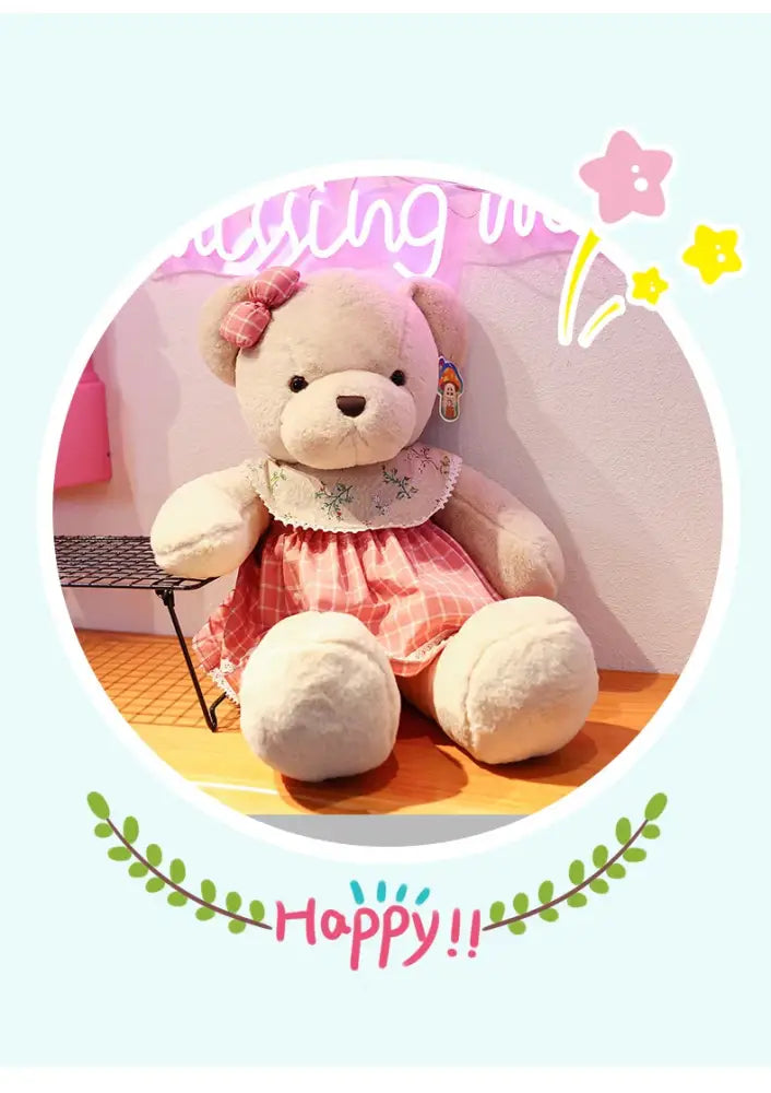 Beige plush toys couple bear plush wearing pink and white checkered dress with lace trim and matching bow for christmas gift