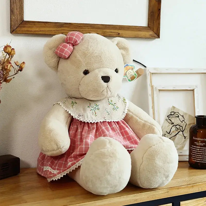 Beige plush toys couple bear plush wearing pink plaid dress with lace trim and matching bow christmas gift
