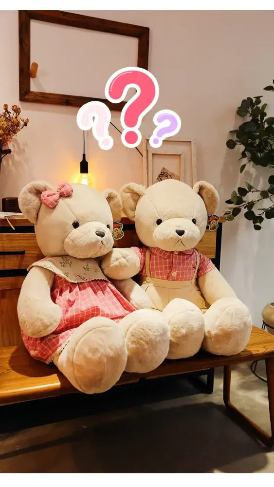 Cream-colored plush toys couple bear plush wearing red plaid dresses and pink bows perfect for christmas gift