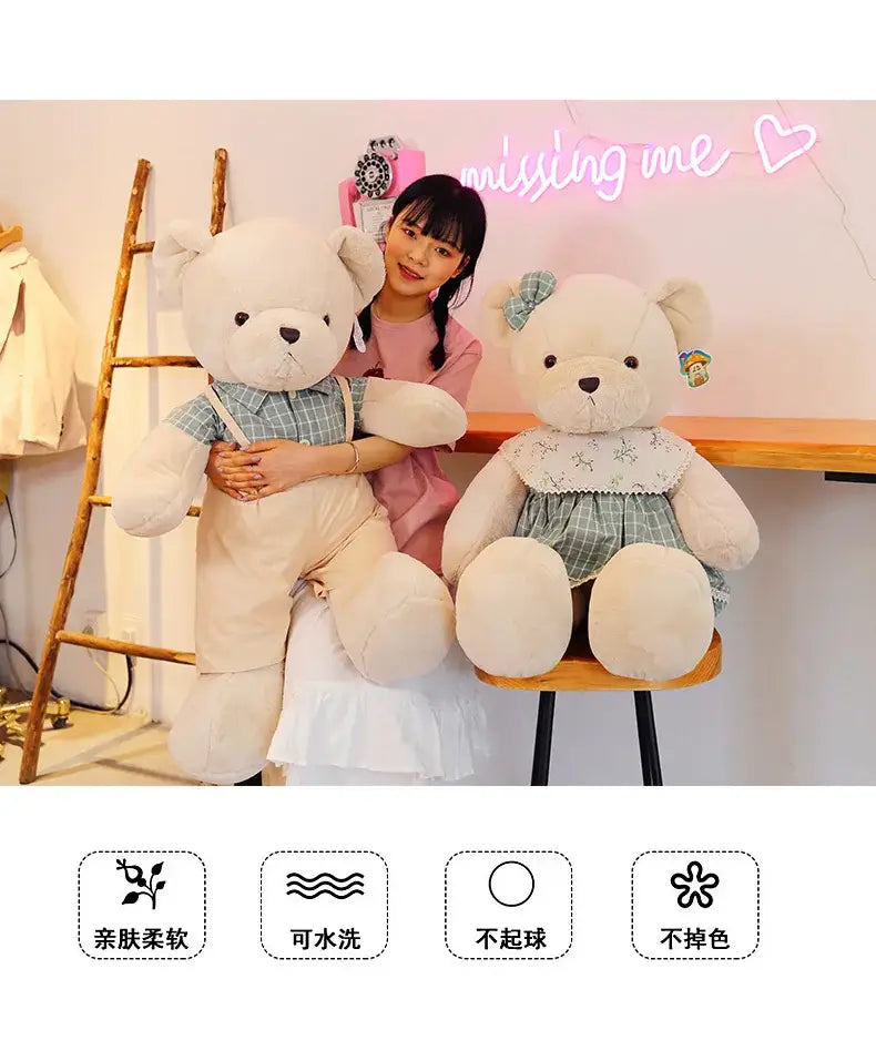 Cream-colored plush toys decorbites™ 80cm couple bear plush with soft textures and charming overalls and dress outfits