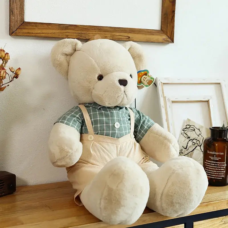 Cream-colored cream-colored plush couple bear wearing green plaid shirt and beige overalls from decorbites plush toys