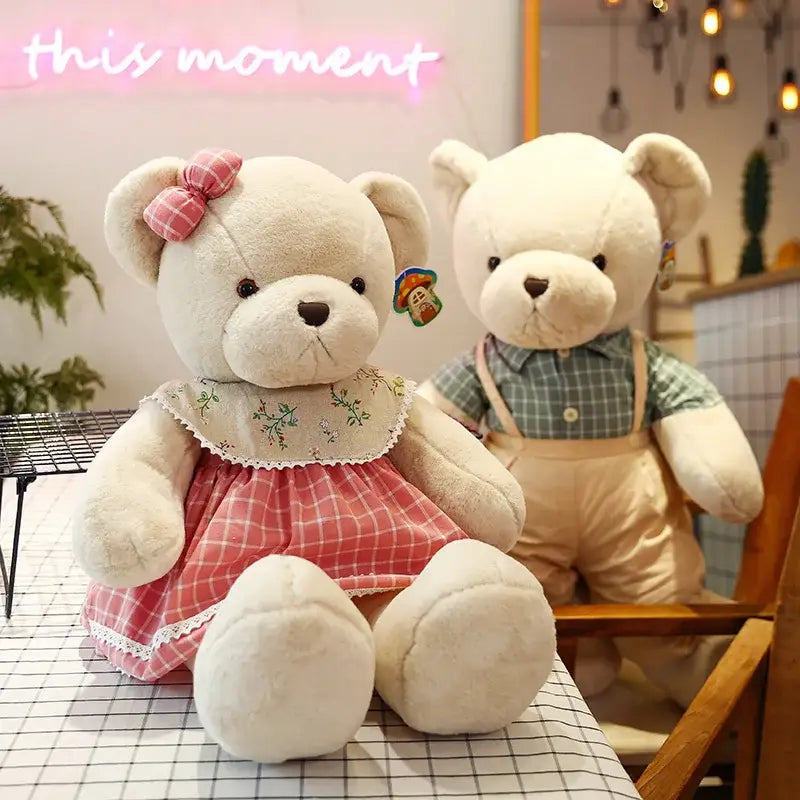 Cream-colored plush toys couple bear wearing pink and white checkered dress with lace trim from decorbites christmas gift