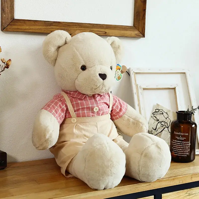 Cream-colored plush couple bear wearing pink and white plaid shirt with beige overalls from decorbites plush toys