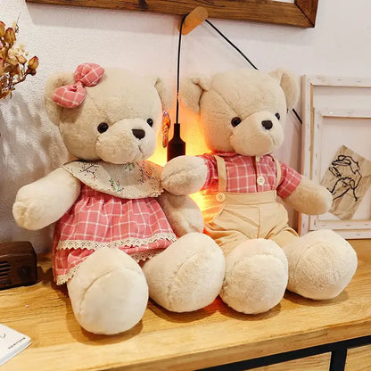 Decorbites™ 80cm couple bear plush toys beige plush couple bears in matching pink plaid outfits with lace trim and buttons