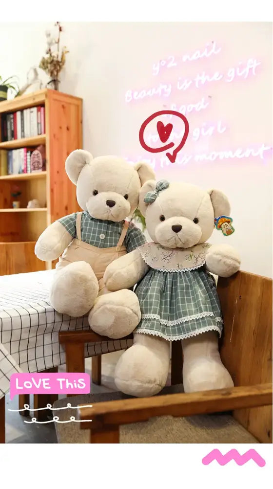 Two plush toys featuring a couple bear plush dressed in green plaid and lace trim for christmas gift by decorbites