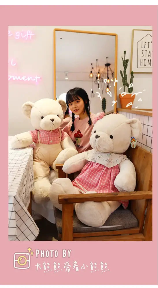 Two plush couple bear plush toys by decorbites featuring an 80cm pink checkered dress and matching overalls