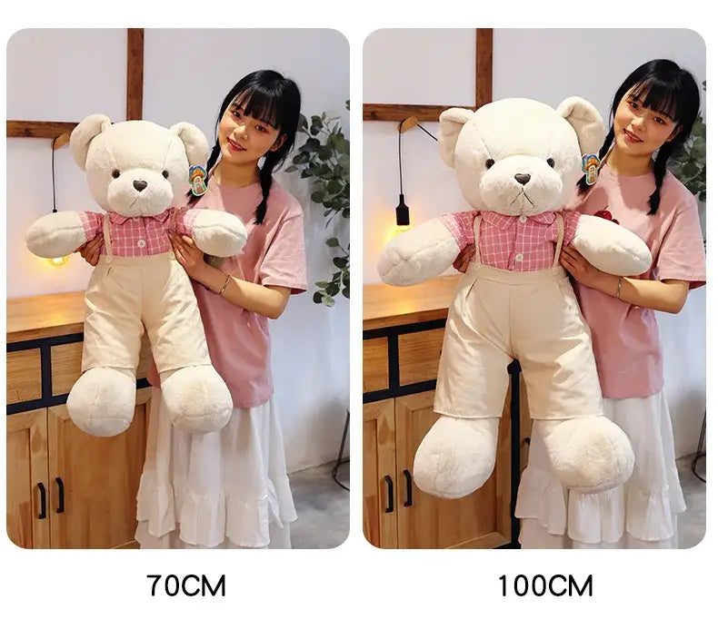 Decorbites™ 80cm couple bear plush toy white plush toys wearing pink plaid shirt and beige overalls available in 70cm or 100cm sizes