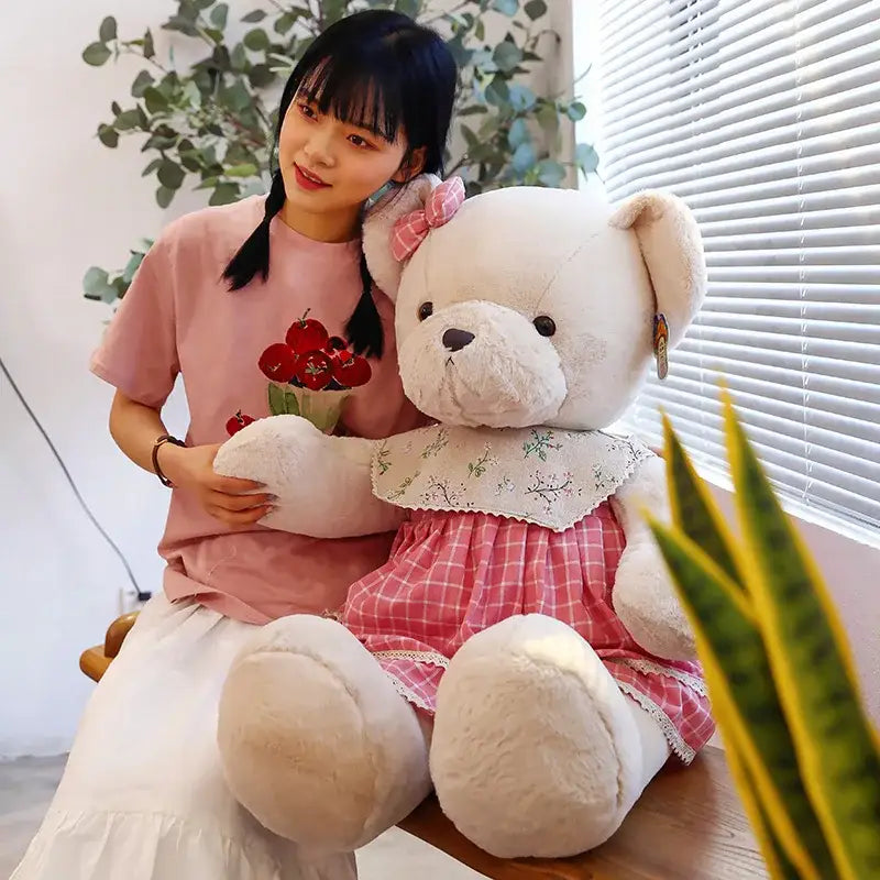 A plush white couple bear plush wearing a pink and white checkered dress with lace trim from decorbites™