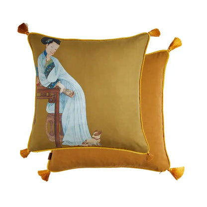 Golden velvet pillow cover with embroidered traditional chinese woman in light blue robes and gold tassels decorbites court puppy print