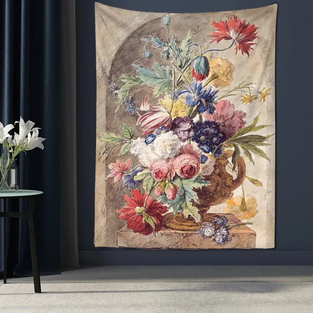 Vintage-style court style floral oil tapestry featuring colorful blossoms in an ornate vase on textured fabric decorbites court style