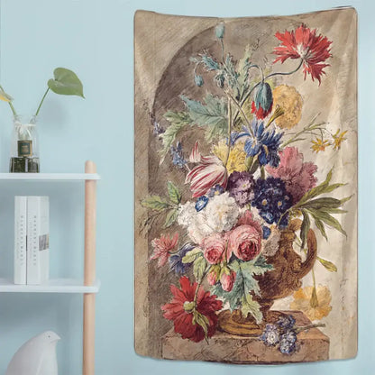 Vintage-style court style floral oil tapestry featuring colorful blossoms in ornate vase on textured fabric for wall decor