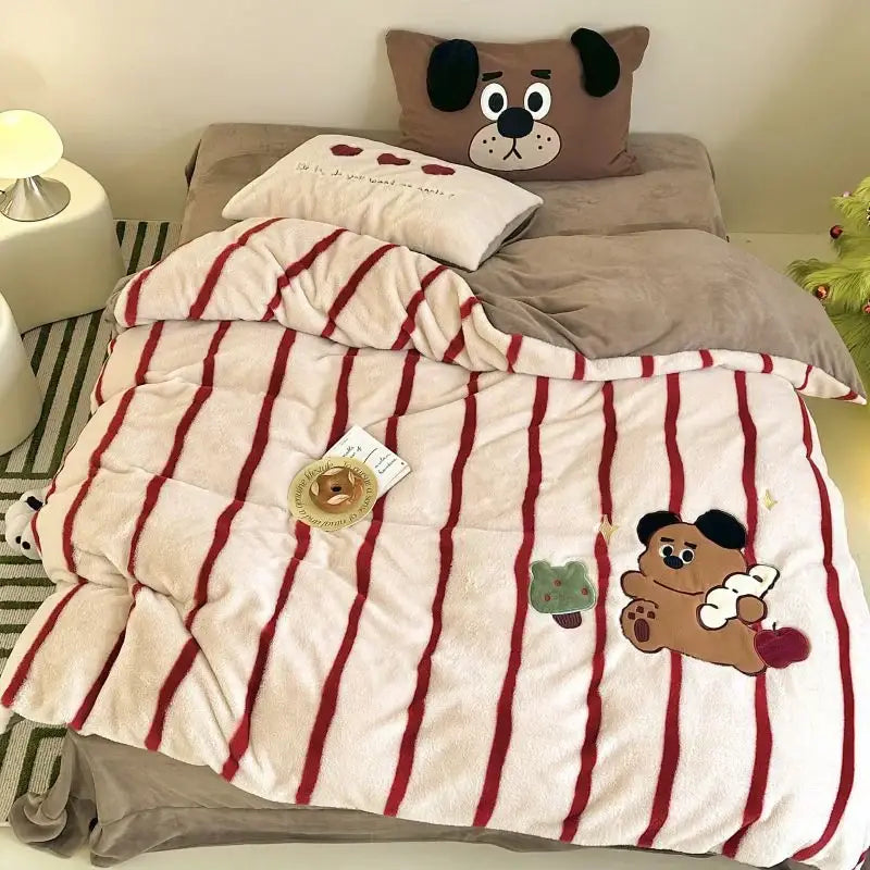 Cream-colored fleece duvet set with bold red stripes and embroidered bear for decorbites cozy autumn winter bedroom decor