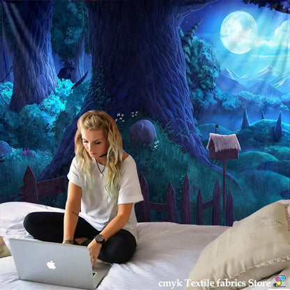 Cozy cabin in the woods wall hanging tapestry featuring a vibrant blue fantasy forest with full moon and mountains decorbites cabin