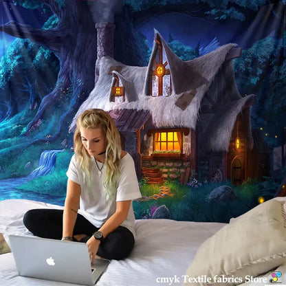 Silver apple laptop resting on cozy cabin in the woods wall hanging tapestry for bedroom decorbites cabin woods wall hanging