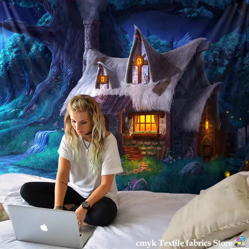Silver apple laptop resting on cozy cabin in the woods wall hanging tapestry for bedroom decorbites cabin woods wall hanging