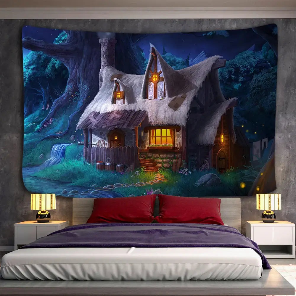 Cozy cabin in the woods wall hanging tapestry with thatched roof cottage and waterfall scene in deep blues and greens decorbites cabin