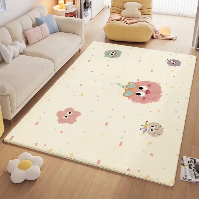 Cozy carpet cream-colored plush rug with decorbites cartoon ball print of pink and gray fluffy creatures and colorful accessories