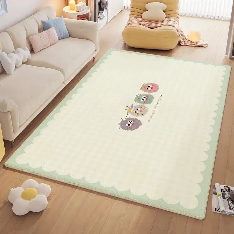 Cozy carpet cream rug with scalloped mint green border and decorbites cartoon ball print hedgehogs for bedroom decor