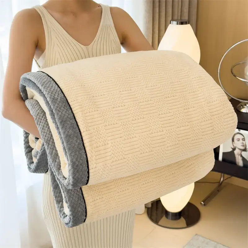 Cream-colored cozy carved velvet quilted blanket with soft gray fleece border for bedroom decorbites cozy carved use
