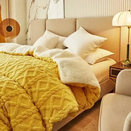 Yellow textured fleece duvet cover with plush white inner lining cozy cashmere blanket for bedroom use