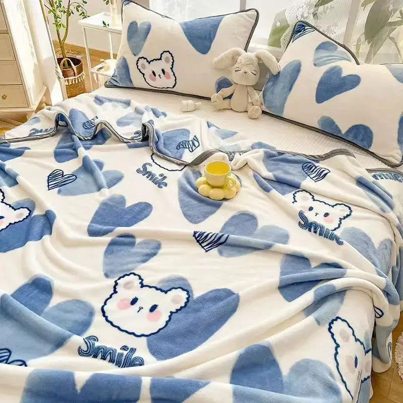 Blue and white decorbites cozy checkered fleece blanket with cartoon bear faces and hearts for bedroom throw decor