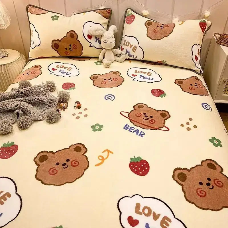 Cream-colored cozy checkered fleece bed set with brown bear pattern strawberries and love you speech bubbles decorbites cozy checkered