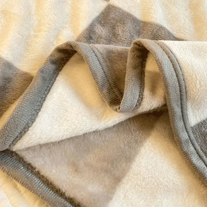 A decorbites cozy checkered fleece blanket in beige and gray stripes with textured border for bedroom decor