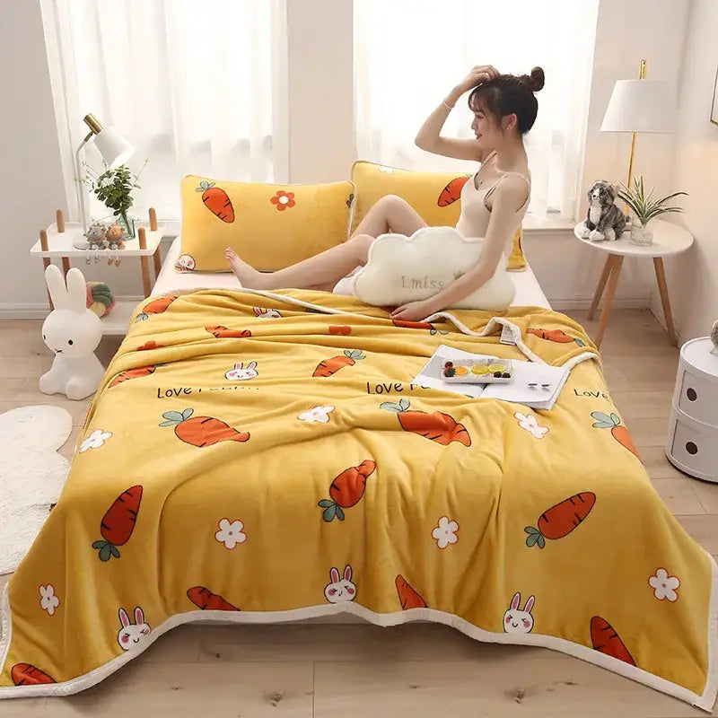 Yellow plush blanket with cartoon carrot and bunny patterns and white trim complementing decorbites cozy checkered fleece