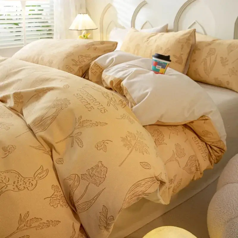 Beige bedding set with delicate botanical and rabbit embroidery from decorbites cozy cotton bedding collection